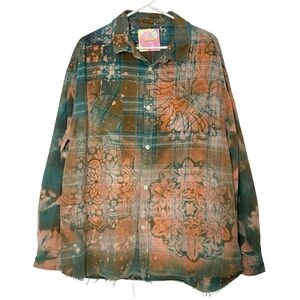 Handmade Floral Flannel Shirt Mens Size Large XL Bleached Plaid Button Down